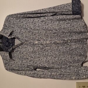 Chaps Womens Navy Blue Paisley Print On White Button Up Long Sleeve Blouse SZ M